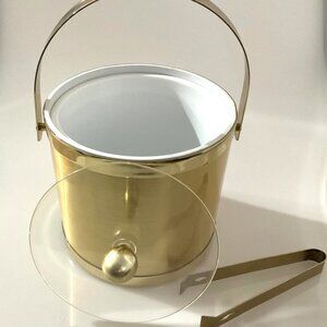 VINTAGE GOLD TONE ICE BUCKET ICE TONGS ICE CUBE BEVERAGE CONTAINER BAR CART DECO